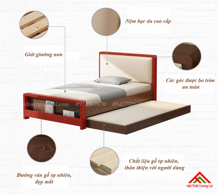 Giường ngủ gỗ tự nhiên có thêm giường phụ GN6823 3