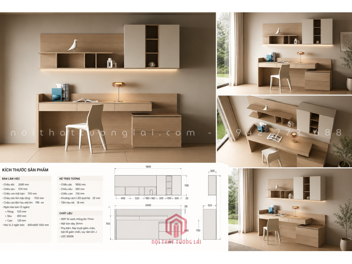 Bàn học bàn làm việc có giá sách treo tường hiện đại BH6878