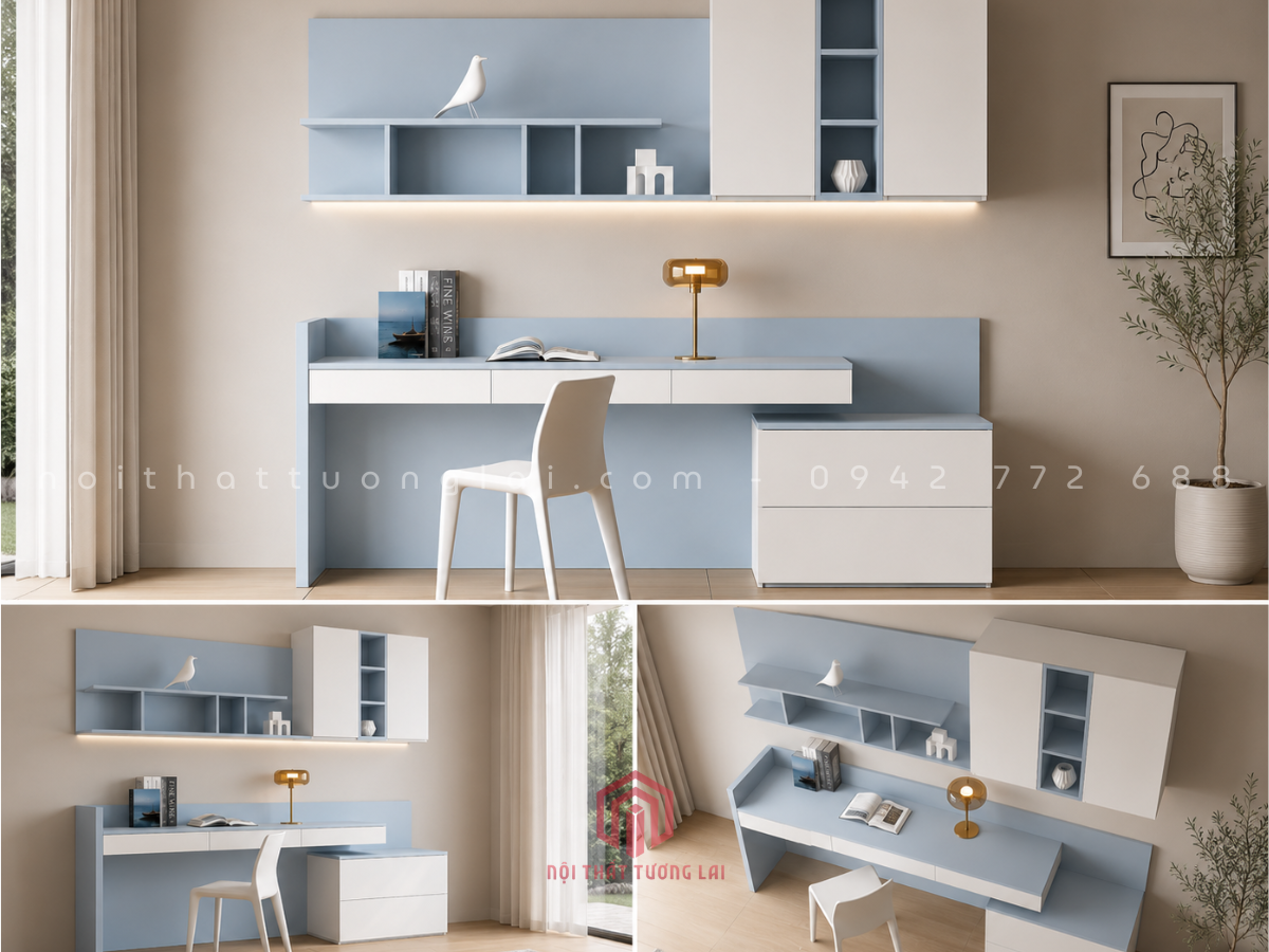 Bàn học bàn làm việc có giá sách treo tường hiện đại BH6878