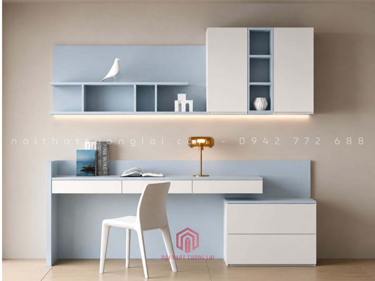 Bàn học bàn làm việc có giá sách treo tường hiện đại BH6878