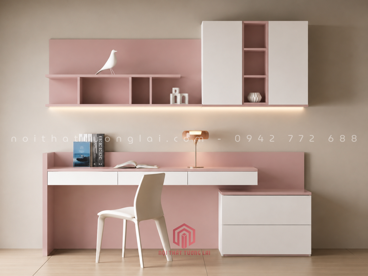 Bàn học bàn làm việc có giá sách treo tường hiện đại BH6878