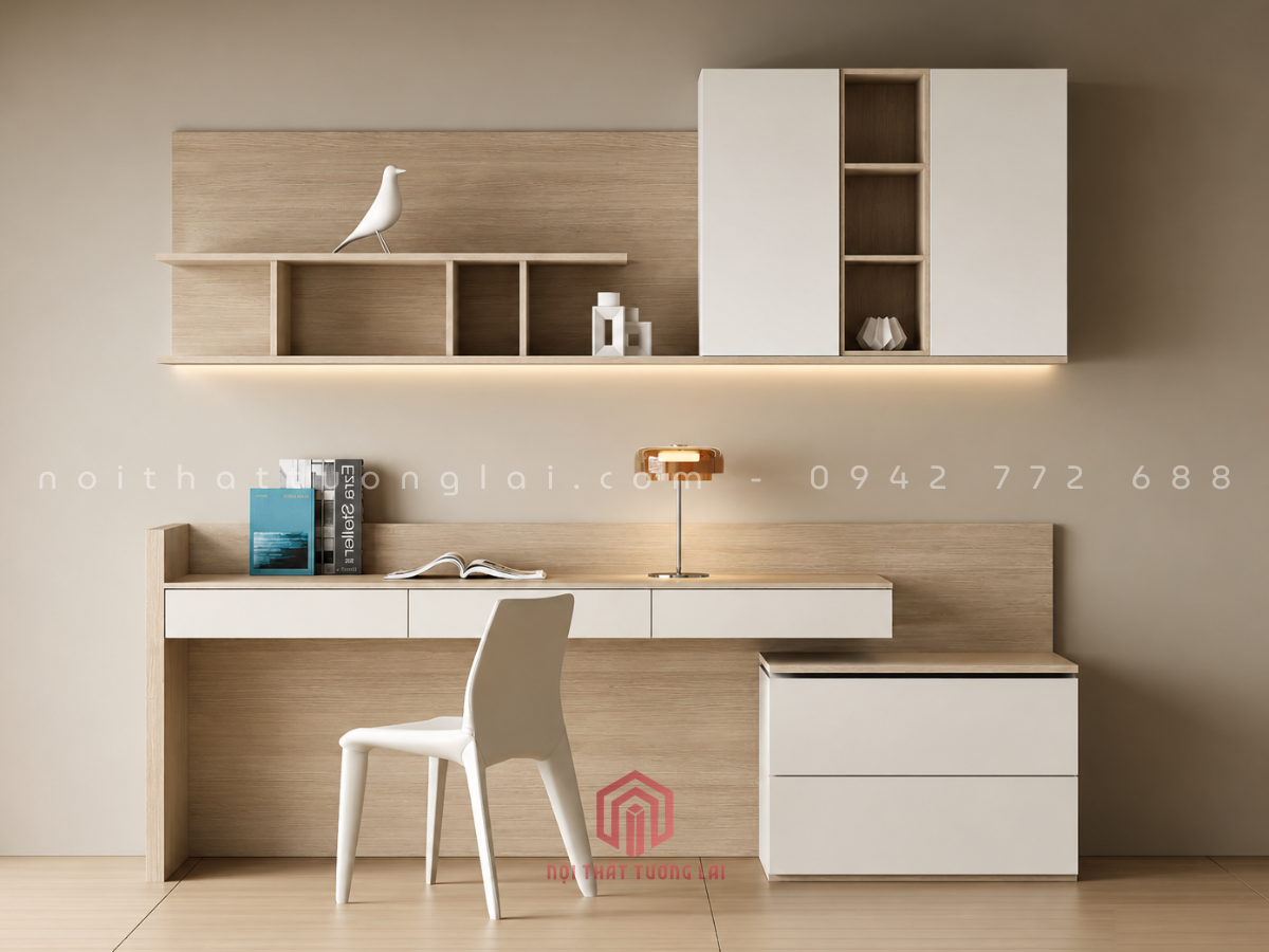 Bàn học bàn làm việc có giá sách treo tường hiện đại BH6878