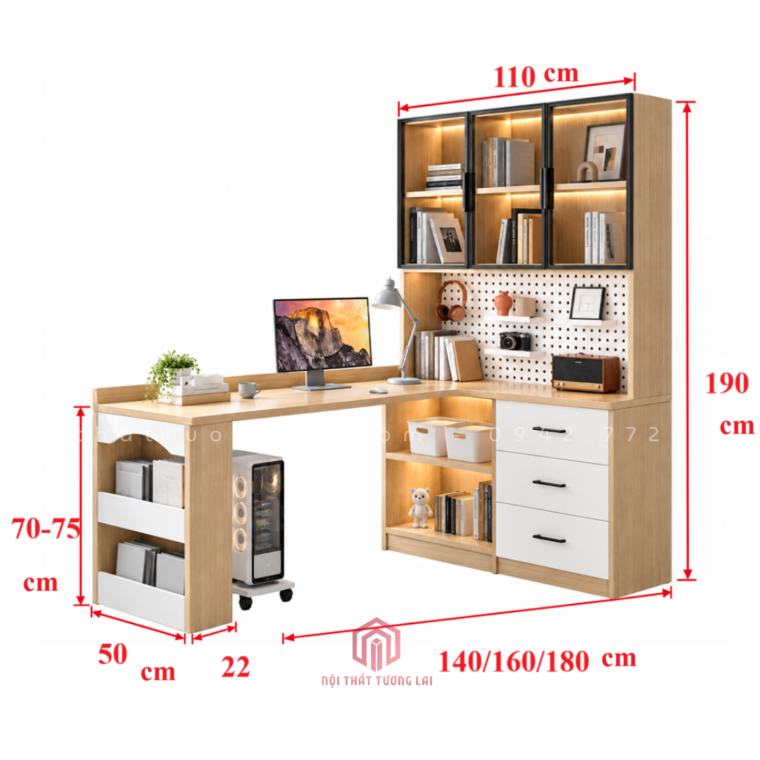 Bàn học tích hợp kệ sách góc L đa năng kèm bảng lỗ pegboard BH6886