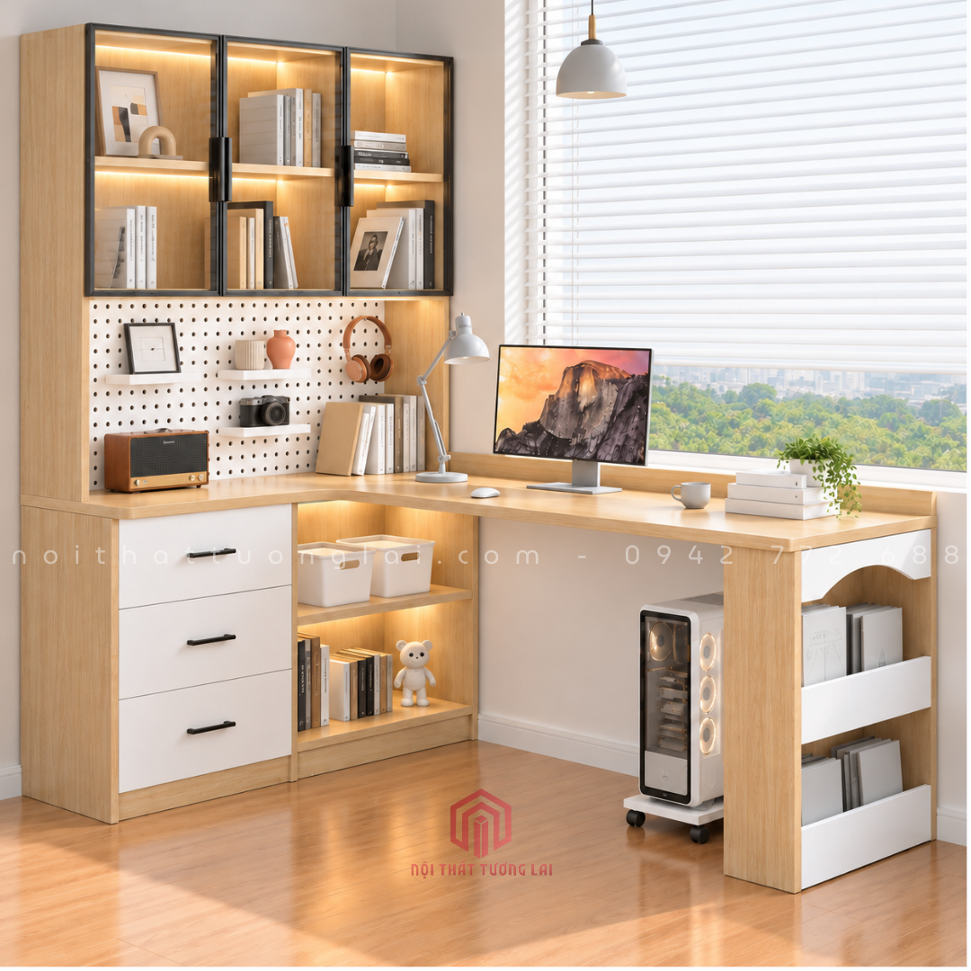 Bàn học tích hợp kệ sách góc L đa năng kèm bảng lỗ pegboard BH6886