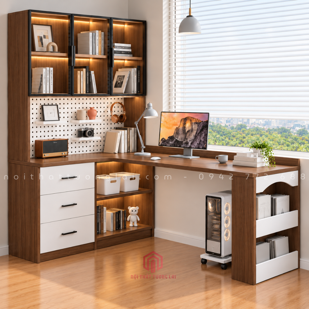 Bàn học tích hợp kệ sách góc L đa năng kèm bảng lỗ pegboard BH6886