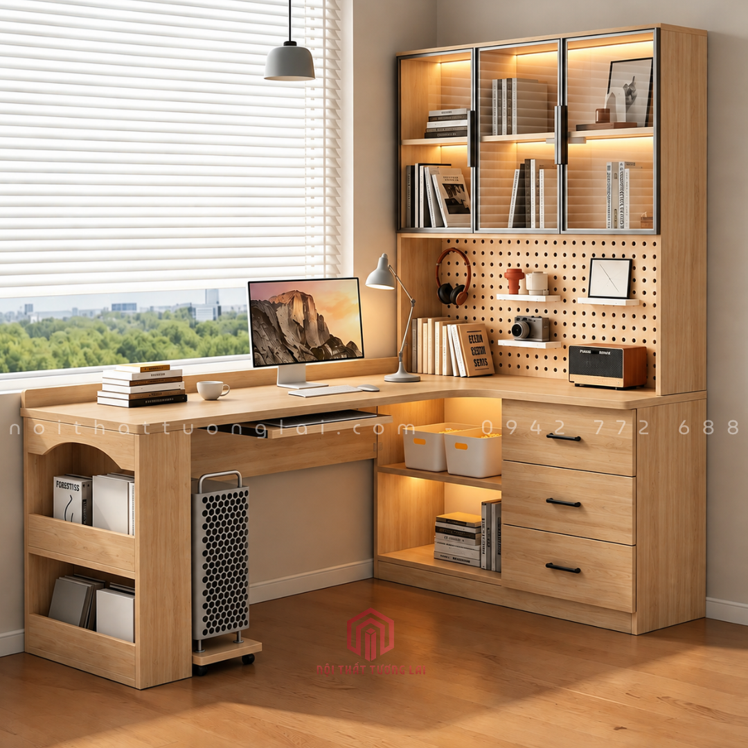 Bàn học tích hợp kệ sách góc L đa năng kèm bảng lỗ pegboard BH6886