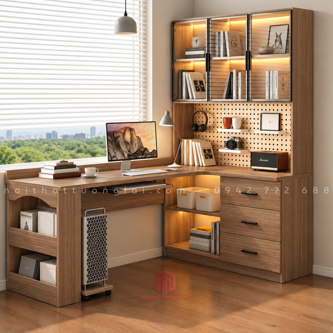 Bàn học tích hợp kệ sách góc L đa năng kèm bảng lỗ pegboard BH6886