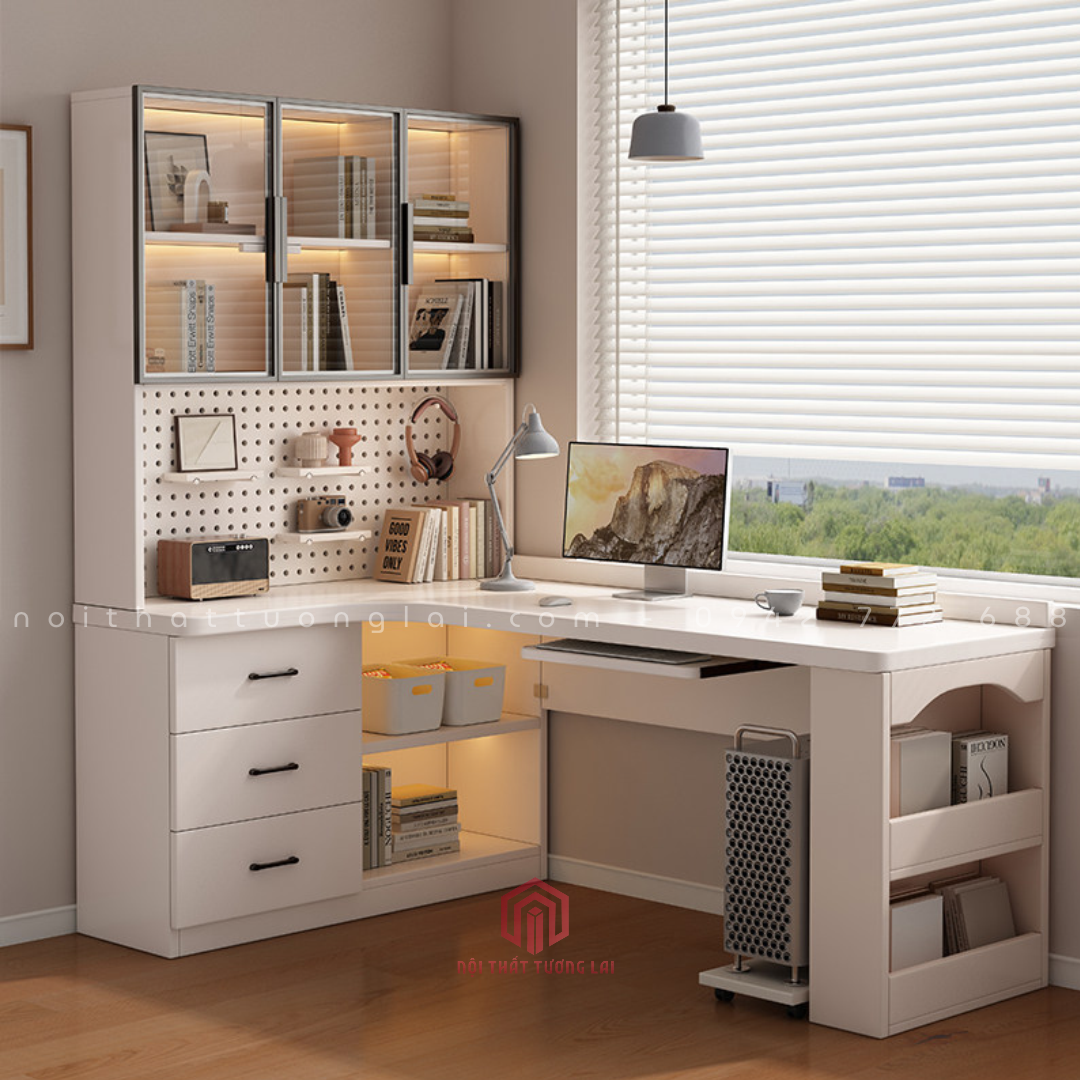 Bàn học tích hợp kệ sách góc L đa năng kèm bảng lỗ pegboard BH6886
