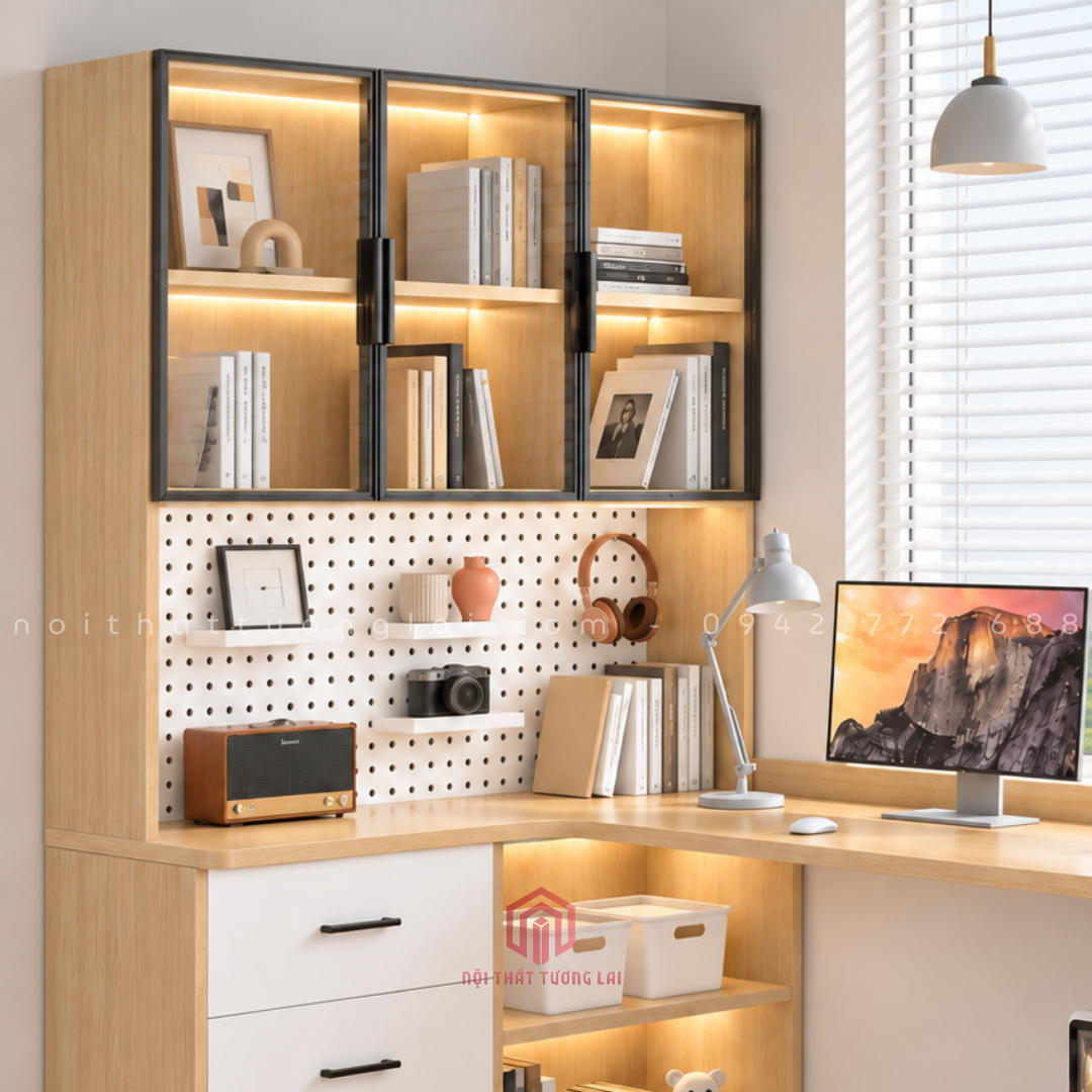 Bàn học tích hợp kệ sách góc L đa năng kèm bảng lỗ pegboard BH6886