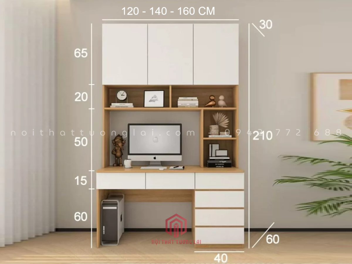 Bàn học, bàn làm việc có giá sách lớn kèm hộc ngăn kéo BH6879