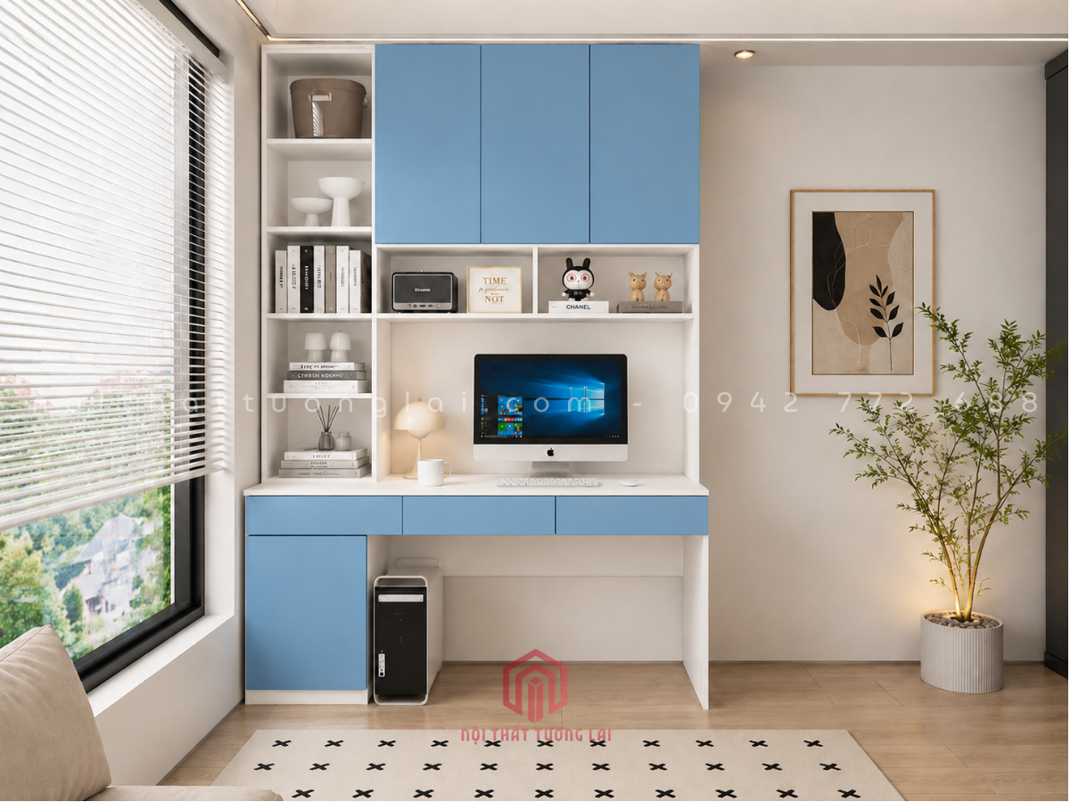 Bàn học, bàn làm việc có giá sách lớn kèm hộc ngăn kéo BH6879