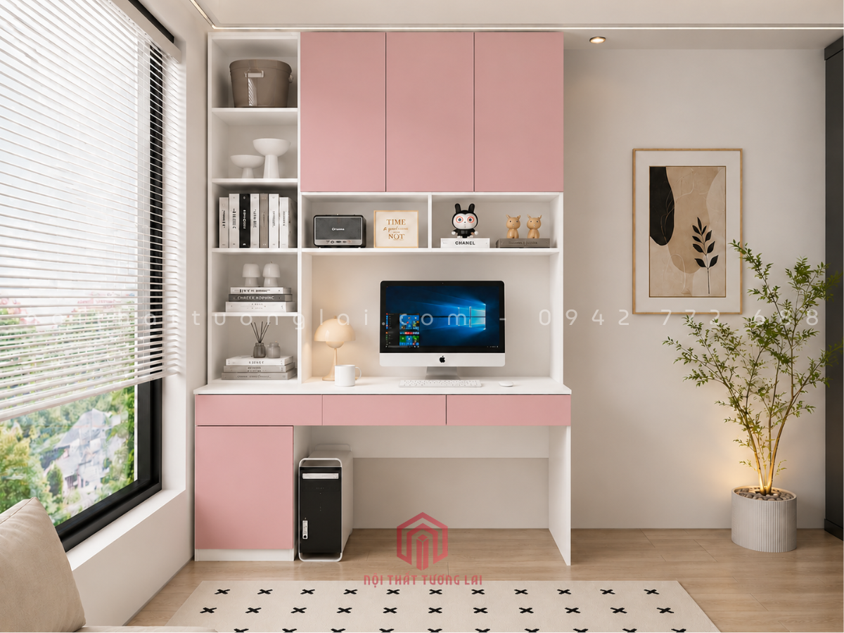 Bàn học, bàn làm việc có giá sách lớn kèm hộc ngăn kéo BH6879