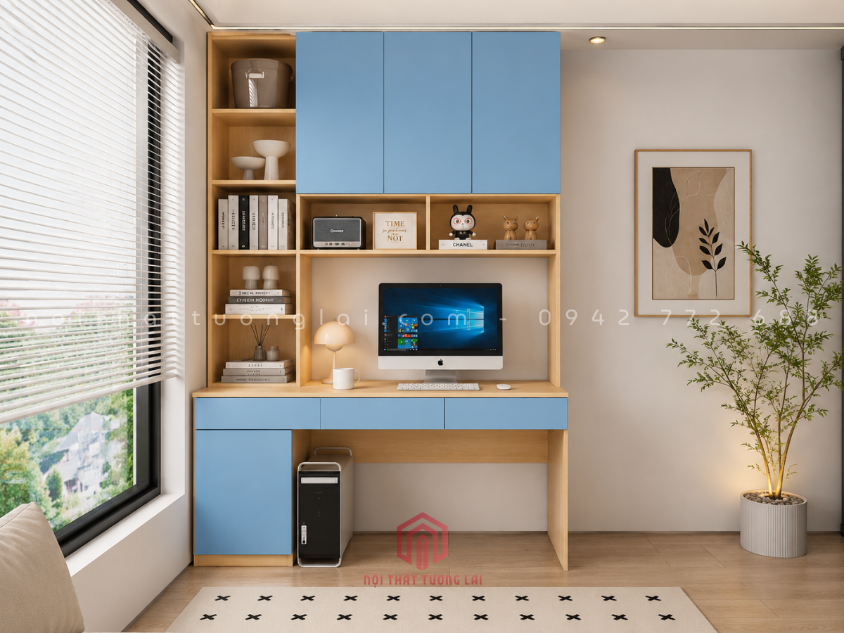 Bàn học, bàn làm việc có giá sách lớn kèm hộc ngăn kéo BH6879