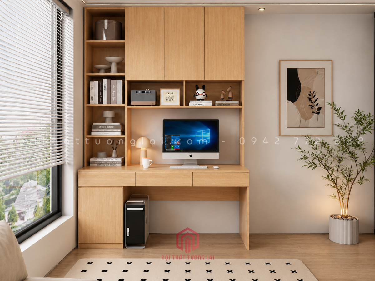Bàn học, bàn làm việc có giá sách lớn kèm hộc ngăn kéo BH6879