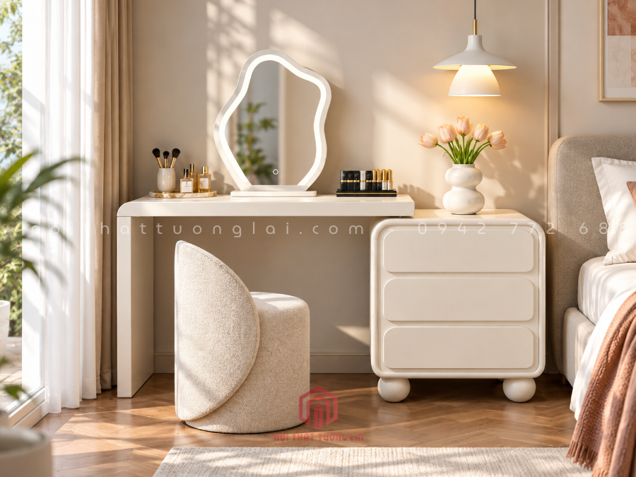 Bàn Trang Điểm Gỗ Công Nghiệp Màu Trắng Có gương Led BP6826