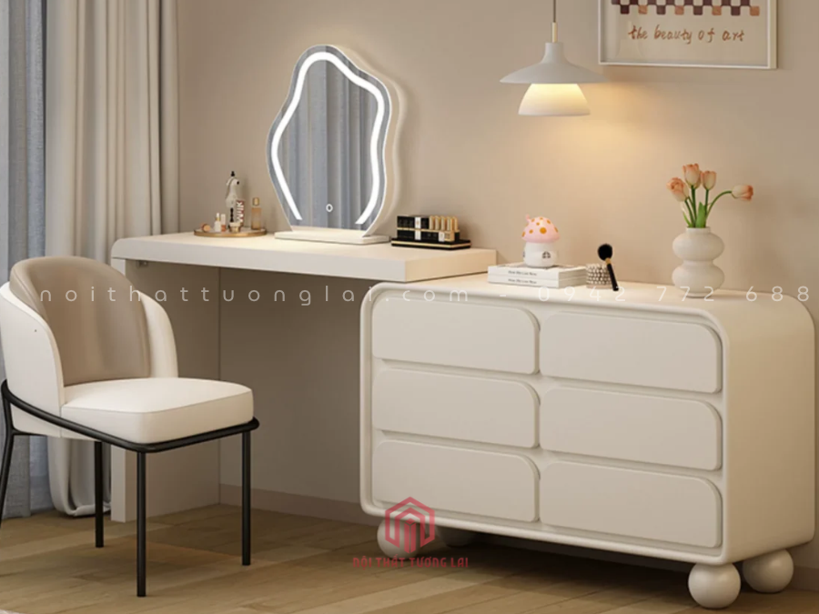 Bàn Trang Điểm Gỗ Công Nghiệp Màu Trắng Có gương Led BP6826