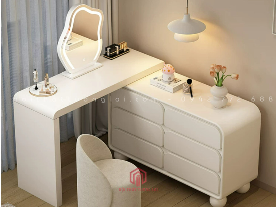 Bàn Trang Điểm Gỗ Công Nghiệp Màu Trắng Có gương Led BP6826