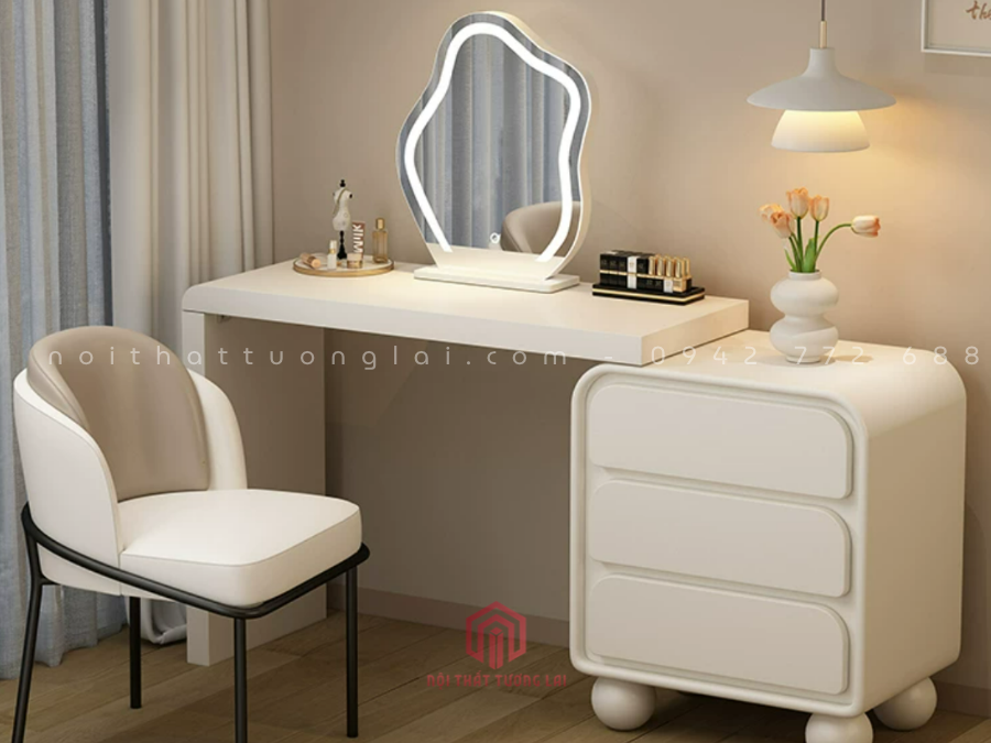 Bàn Trang Điểm Gỗ Công Nghiệp Màu Trắng Có gương Led BP6826