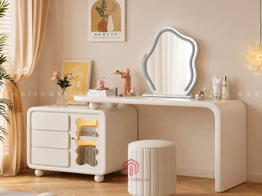 Bàn Trang Điểm Gỗ Công Nghiệp Màu Trắng Có gương Led BP6826