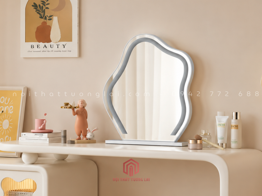 Bàn Trang Điểm Gỗ Công Nghiệp Màu Trắng Có gương Led BP6826