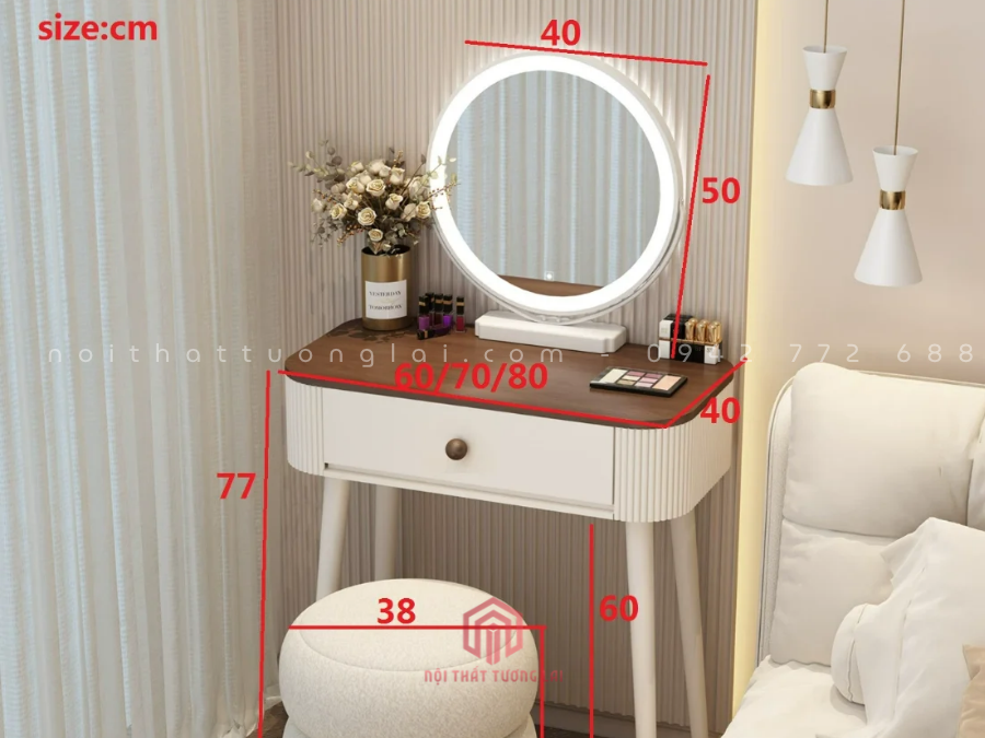 Mẫu bàn trang điểm hiện đại kết hợp gương đèn LED tròn BP6831