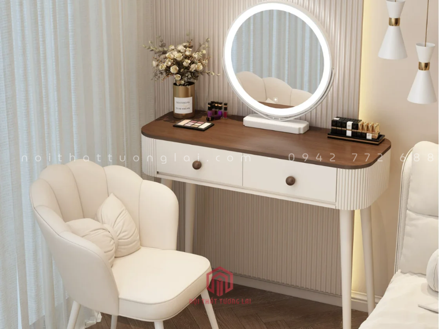 Mẫu bàn trang điểm hiện đại kết hợp gương đèn LED tròn BP6831