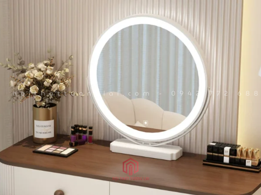 Mẫu bàn trang điểm hiện đại kết hợp gương đèn LED tròn BP6831