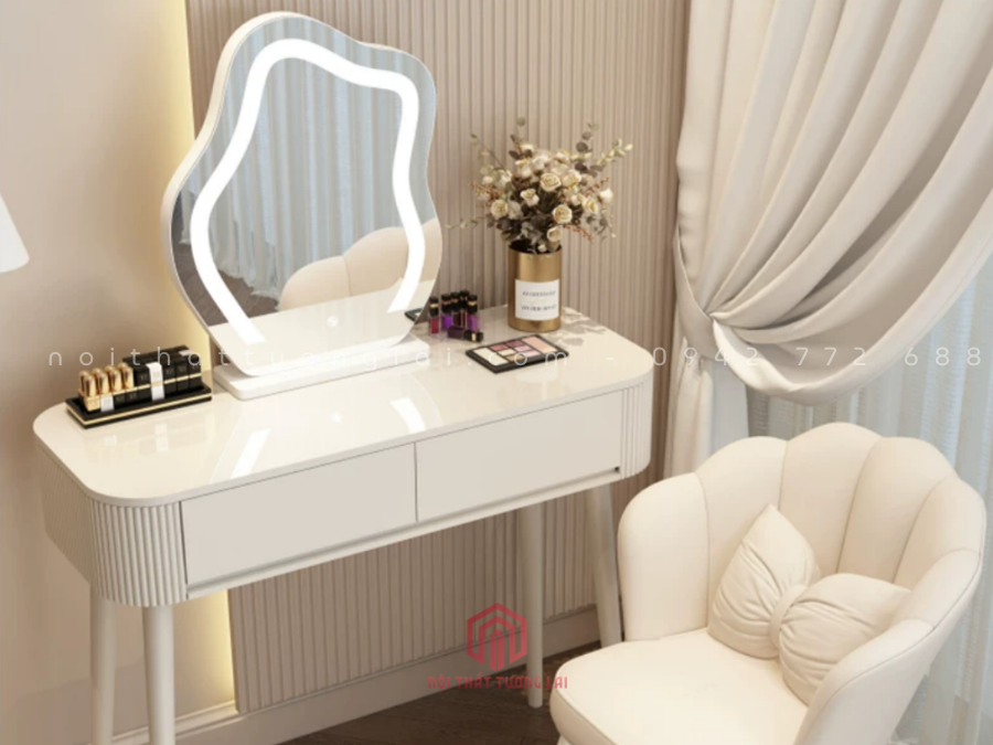 Mẫu bàn trang điểm hiện đại kết hợp gương đèn LED tròn BP6831