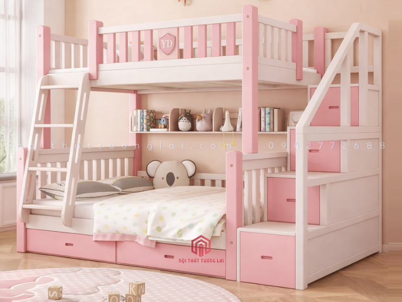 giường tầng trẻ em màu trắng gỗ tự nhiên đẹp