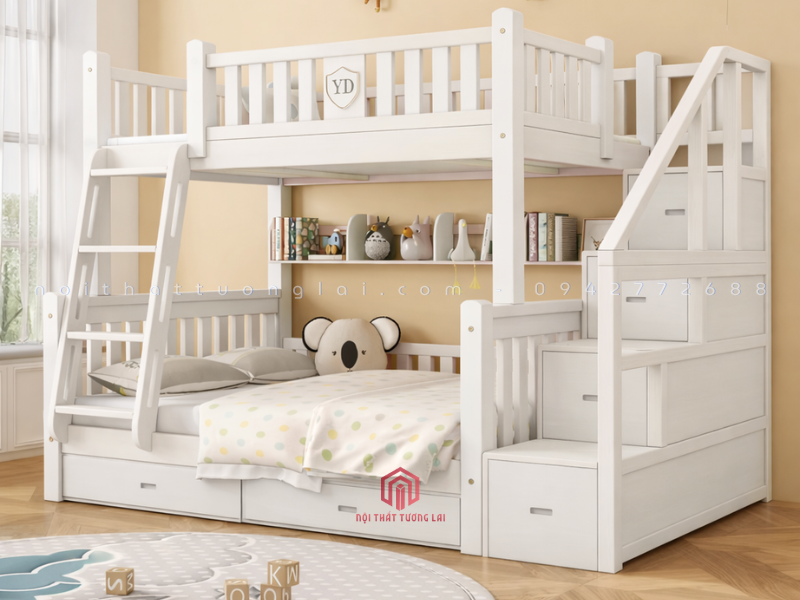 giường tầng trẻ em có cầu thang tủ kéo rộng an toàn cho bé