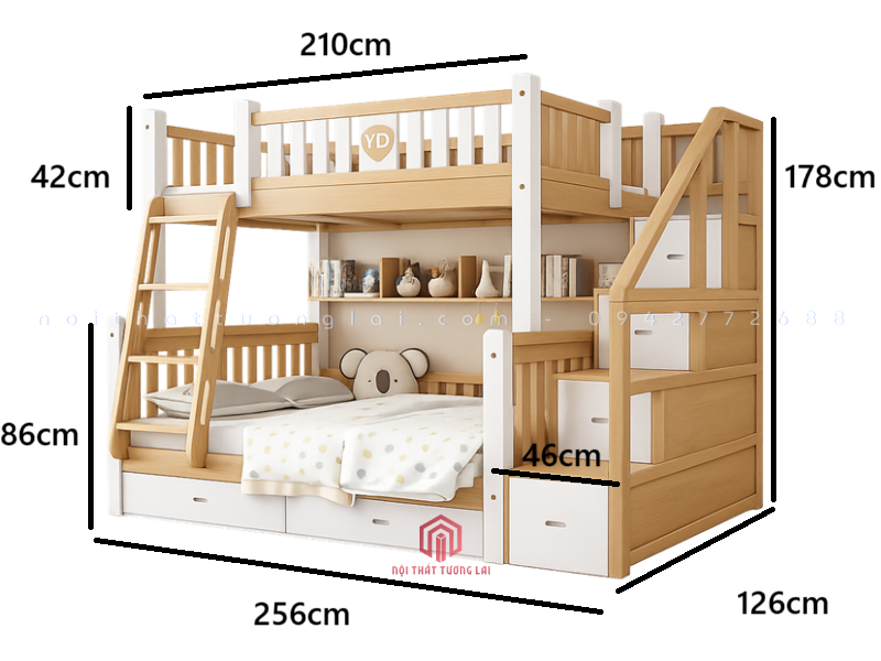 giường tầng trẻ em màu trắng gỗ tự nhiên đẹp