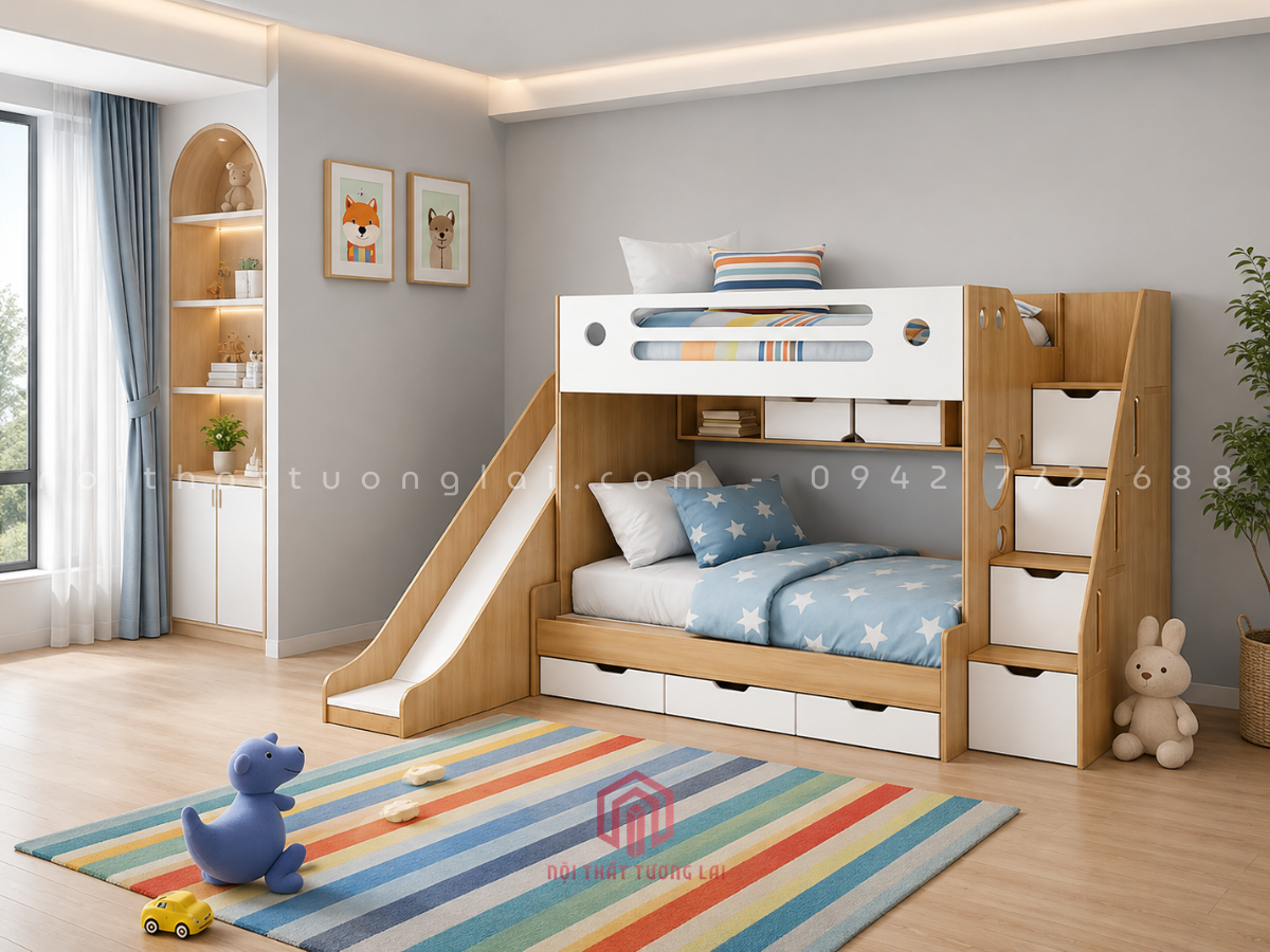 Giường 2 tầng có cầu trượt đẹp độc đáo cho bé GT6875