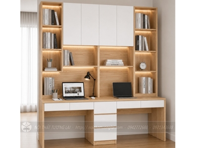 Bàn học đôi thiết kế kích thước lớn kèm giá sách BH6881