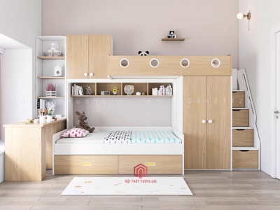Giường tầng tích hợp bàn học & tủ quần áo chất liệu gỗ MDF lõi xanh phủ melamin GT6852