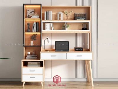 Bàn học - bàn làm việc có giá sách kết hợp cánh kính khung nhôm hiện đại BH6870