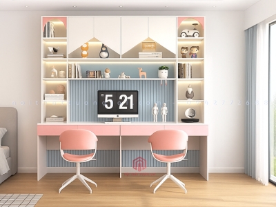 Bàn học đôi cho 2 bé kèm giá sách kích thước lớn BH6875