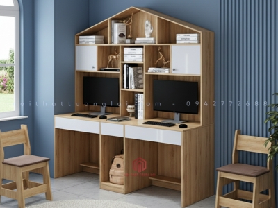 Bàn học đôi kèm giá sách hình mái nhà BH6804