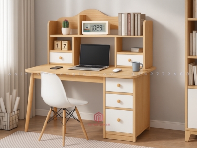 Bàn học sinh liền giá sách chân gỗ sồi hiện đại BR6806