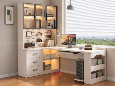 Bàn học tích hợp kệ sách góc L đa năng kèm bảng lỗ pegboard BH6886