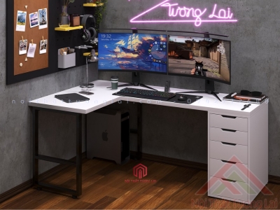 Bàn IKEA GAMING  chữ L 1 hộc tủ kèm chân sắt