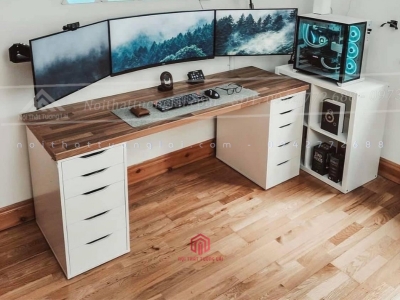 Bàn ikea gaming mặt gỗ tự nhiên, sồi, cao su, thông, plywood nhiều mầu sắc