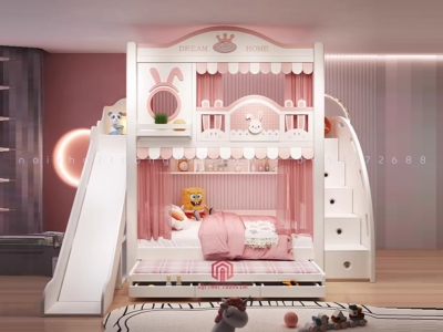 Giường 2 tầng công chúa màu hồng có cầu thang trượt GH6867