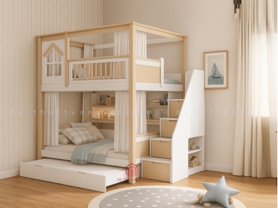 Giường 3 tầng gỗ sồi tự nhiên mẫu mới GT6870