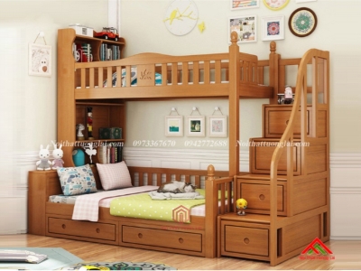 Giường tầng cầu thang hộp có kệ sách GT6826