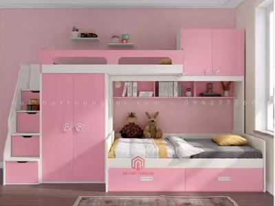 Giường tầng hồng kèm tủ quần áo cho bé gái GT6843