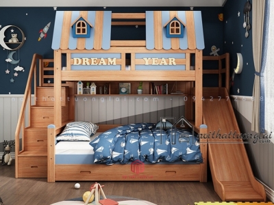 Giường tầng kết hợp cầu thang trượt và mái nhà GT6833