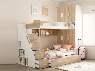Giường tầng tích hợp tủ quần áo cánh mở cho bé GT6825