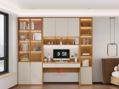 Hệ bàn học liền giá sách to kết hợp cánh kính khung viền nhôm hiện đại BH6872