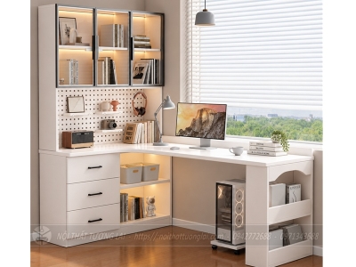 Bàn học BH6886 tích hợp kệ sách góc L đa năng kèm bảng lỗ pegboard