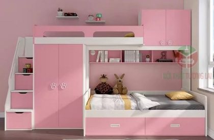 Giường tầng hồng kèm tủ quần áo cho bé gái GT6843